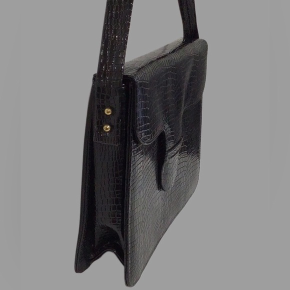 Vintage AIR STEP Black Patent Leather Croc Embossed Structured Shoulder Box Bag - Picture 4 of 13